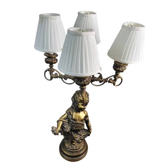 Vintage Metal Cherub Angel Bronze Candelabra Table Lamp White Shades - Picture 7 of 10